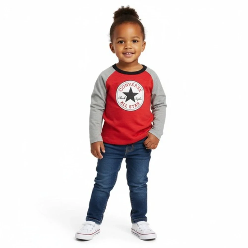 Converse Chuck Taylor Raglan Shirt Toddler 18M Red Gray Long Sleeve Graphic Logo
